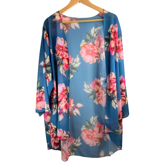 Sweaters - Womens Floral Kimono Blue Pink Lightweight Sheer Open Front Cardigan XXXL Beachy